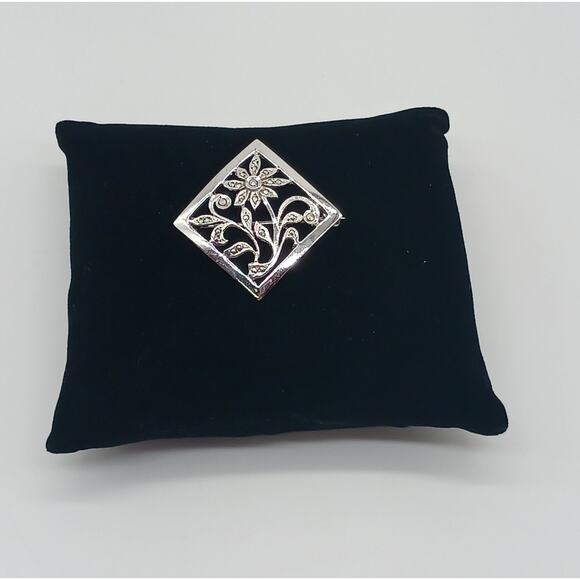 Sterling & Marcasite Flower Diamond Shaped Brooch Pin Filigree Silver - Picture 2 of 7